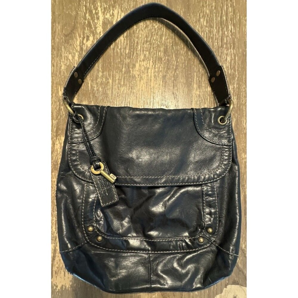 Vintage Fossil Boho Black Shoulder Bag Y2k Biker Hippie Pockets Key Tag Stitch